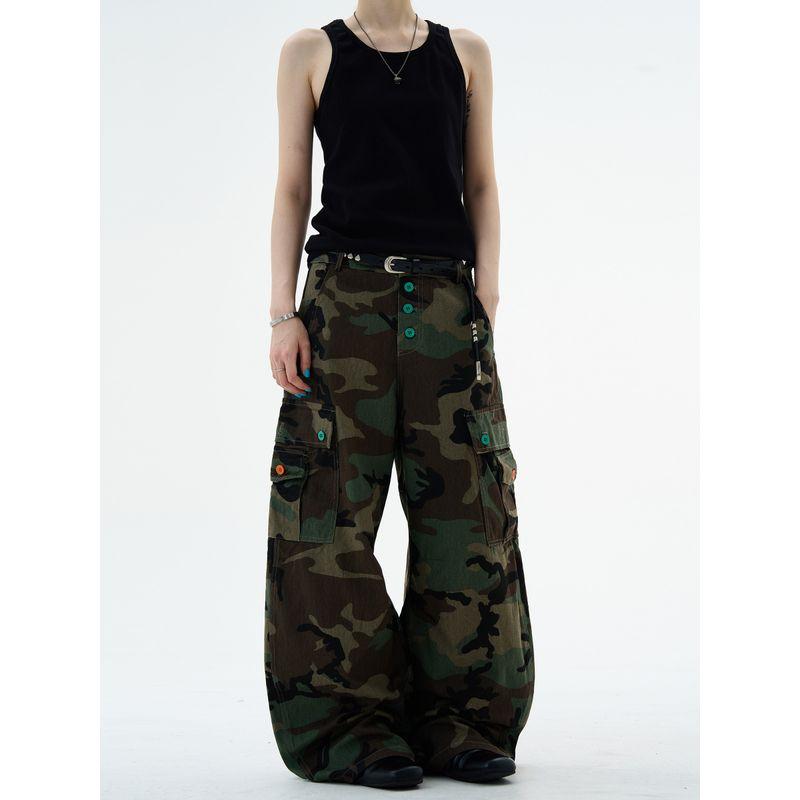 Madwitch American-Style Camouflage Scimitar Cargo Casual Pants Unisex Loose Fit Versatile Casual Color-Block Button Pants Trendy