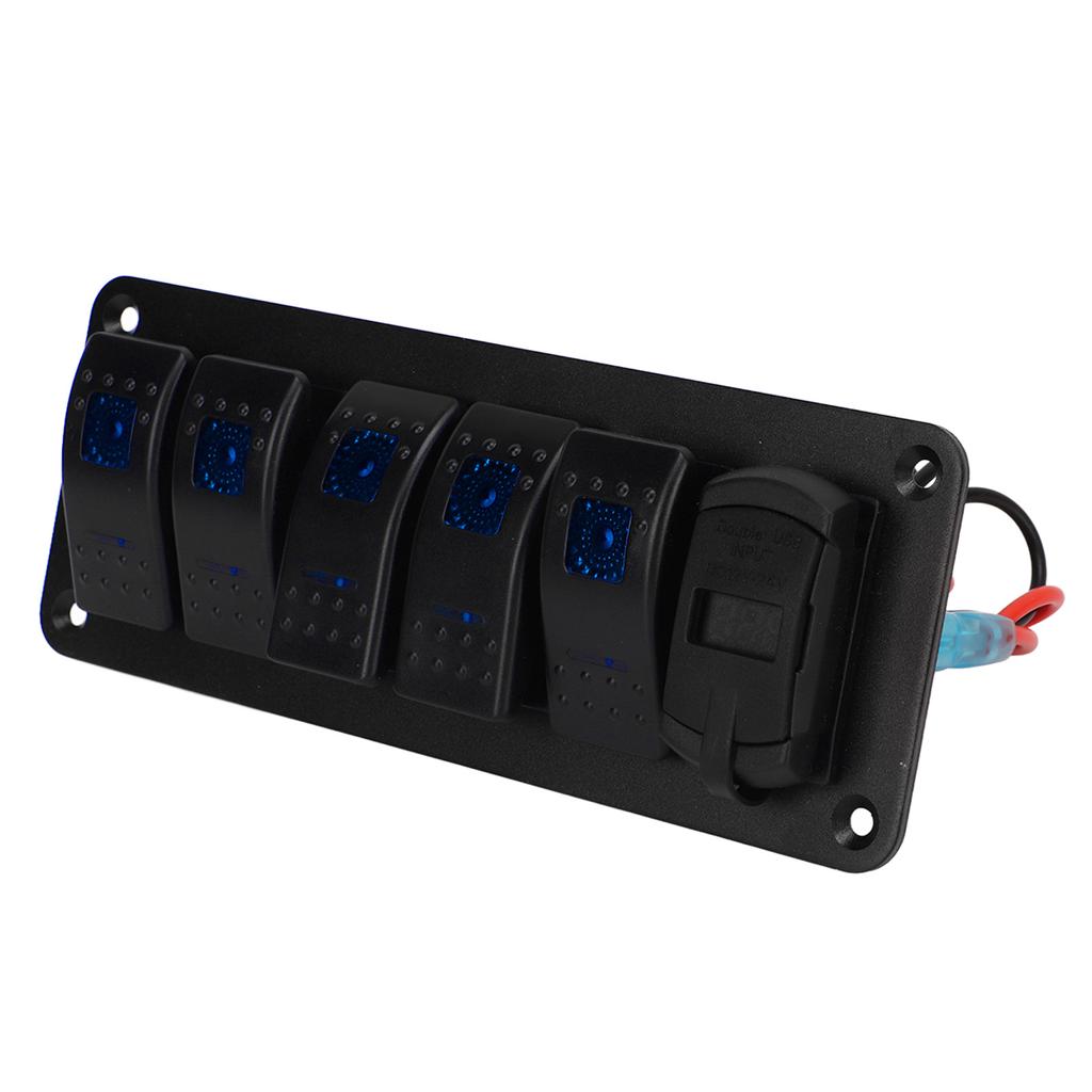 5 Gang Rocker Switch Panel 12V‑24V Dual USB Charger LED Voltage Display ON Off Switch for Truck RV Yacht
