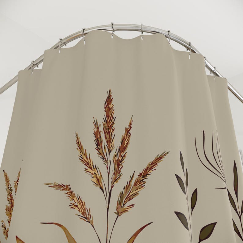 Natürlicher Minimalistischer Boho-Duschvorhang – Erdige Gräser & Wildblumen Auf Beige, Klare Luftige Komposition