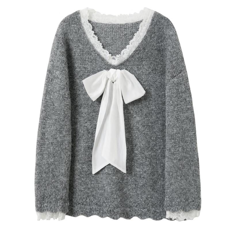 Sancai 2025 Winter Women's V-Neck Bow Knit Sweater