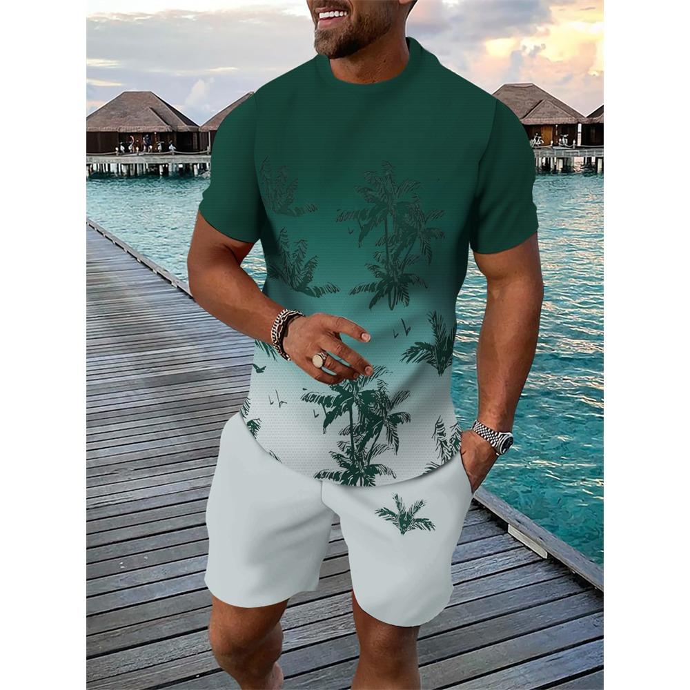 New Men's Hawaiian Two-Piece Set Beach Coconut Tree Print Crew Neck Short Sleeve Shirt Drawstring Shorts Casual Vacation Outfit