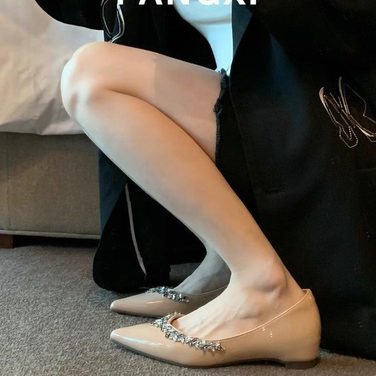 New rhinestone pointed flat shoes women's shallow mouth inner height increase single shoes commuter soft-soled women's shoes