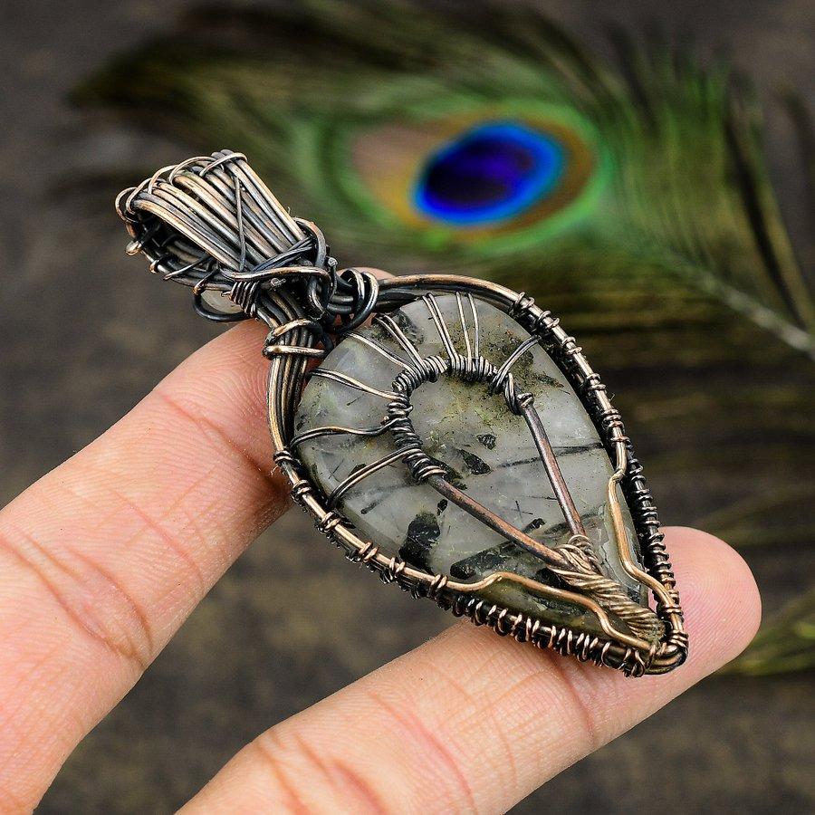 Prehnite, Moonstone Gemstone Copper Wire Wrap Jewelry Pendant 2.76"