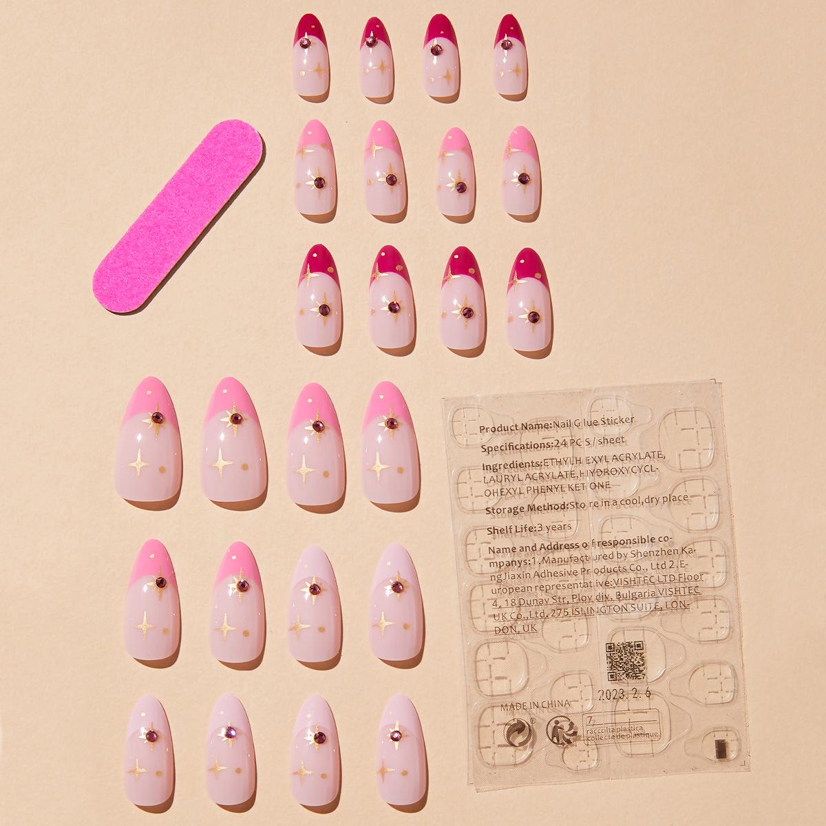 

Миндалевидные стразовые накладные ногти с французским кончиком - Дизайн «Звезда»