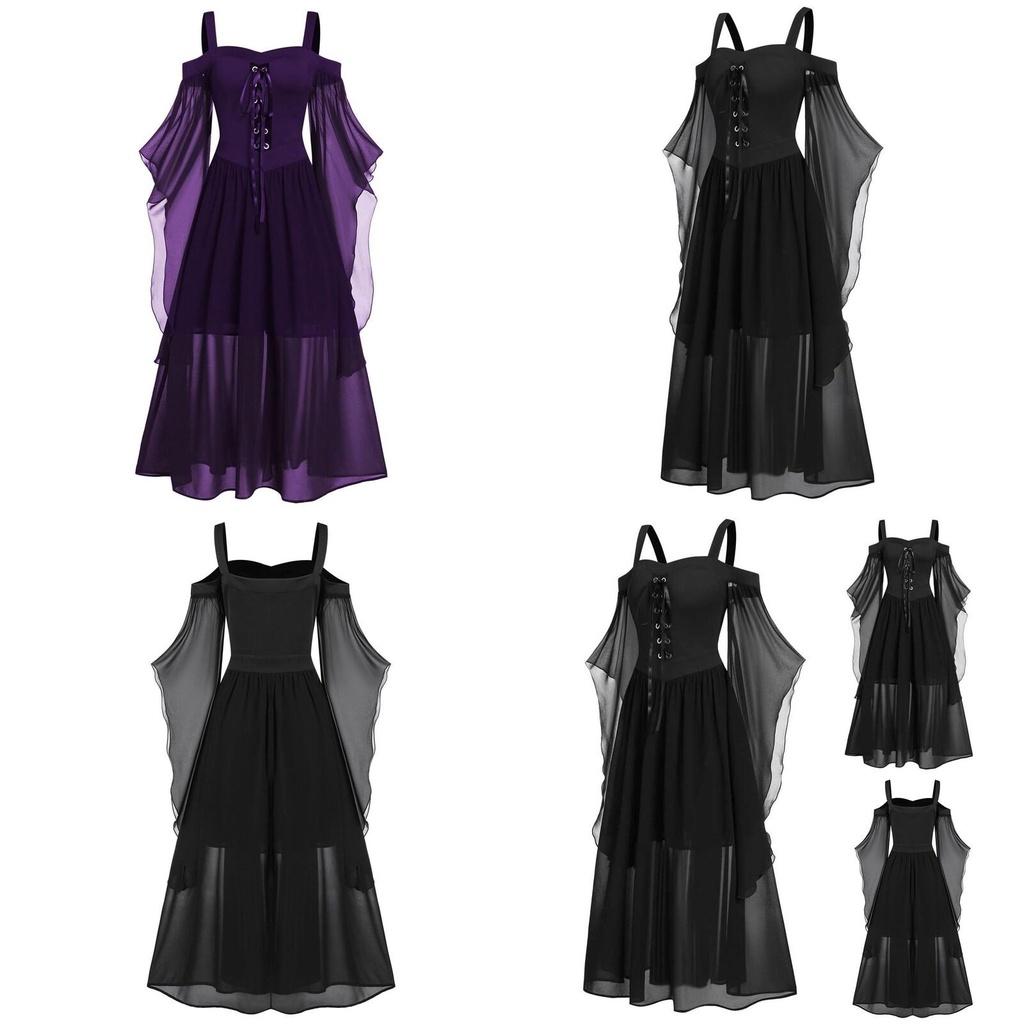 Halloween Witch Dress Gothic Medieval Cosplay Costume Off Shoulder High Quality Polyester Fabric