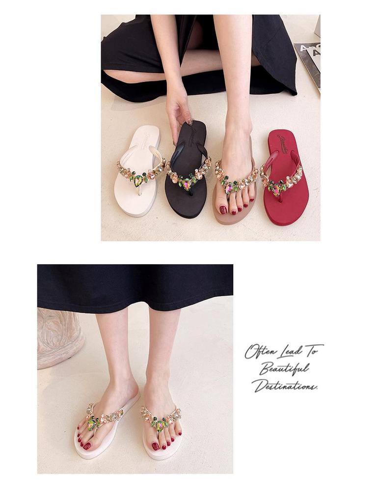 Summer Peach Heart Rhinestone Flip Flops - Women's Casual Beach Flats