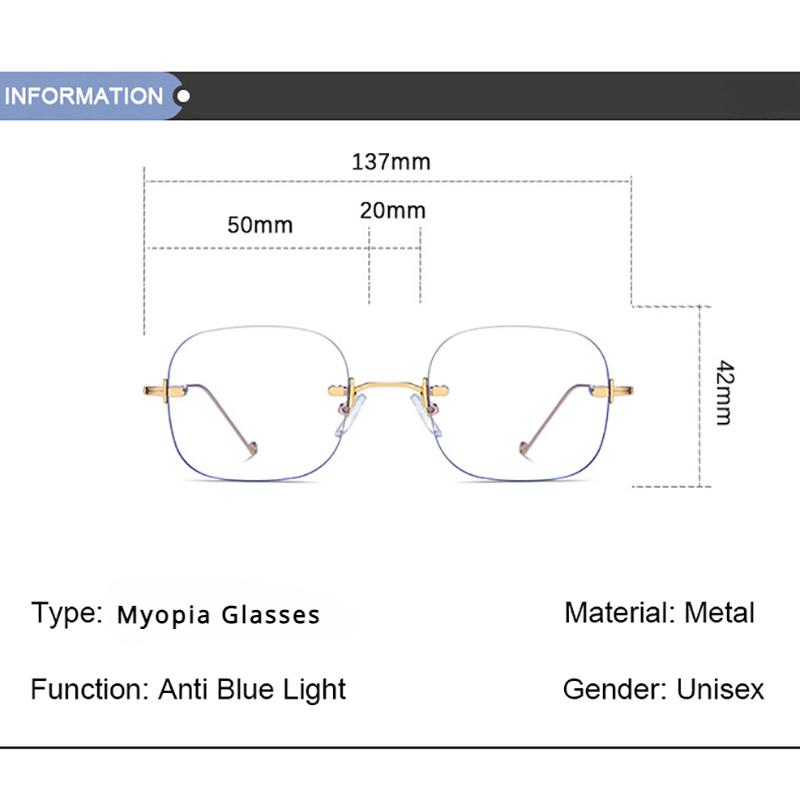 High Quality Myopia Glasses Unisex Square Frameless Frame Anti-blue Light Eyeglasses Nearsighted Prescription Eyewear Diopter