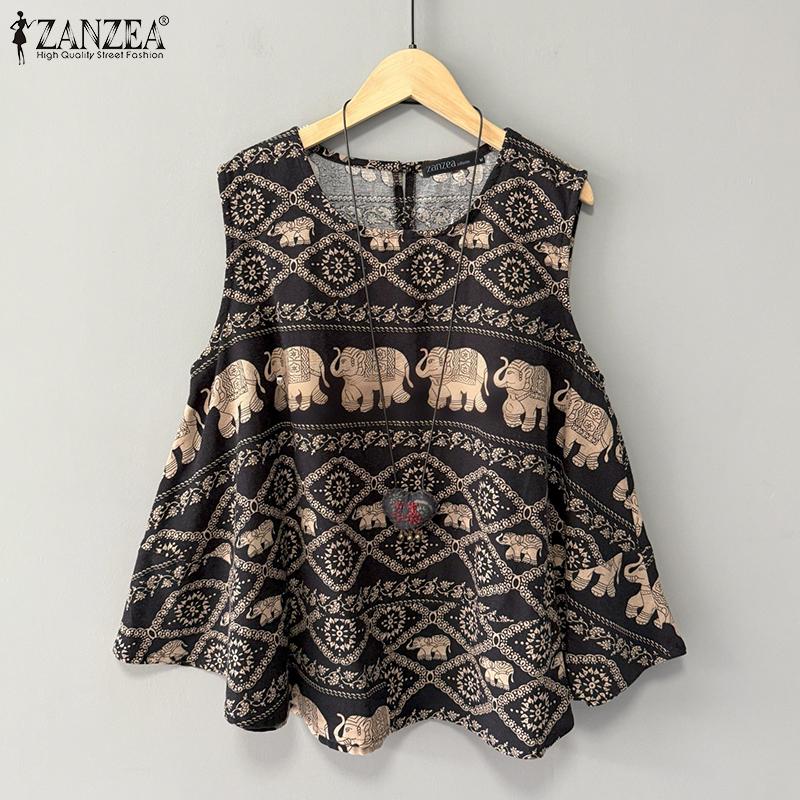 ZANZEA Women Loose Casual Round Neck Sleeveless Print Tank Tops