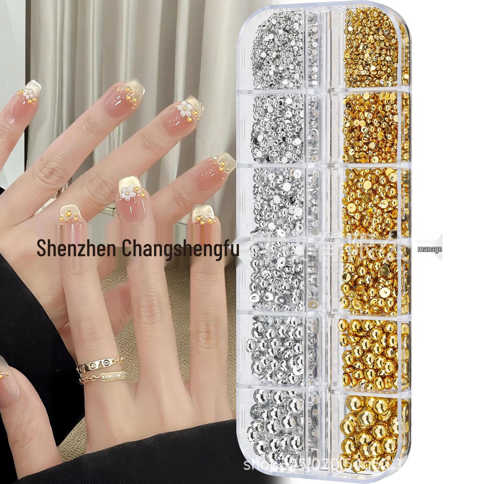 12-Grid Nail Art Box: Flat-Bottom Pearls & Mixed Color Drills Decoration Kit
