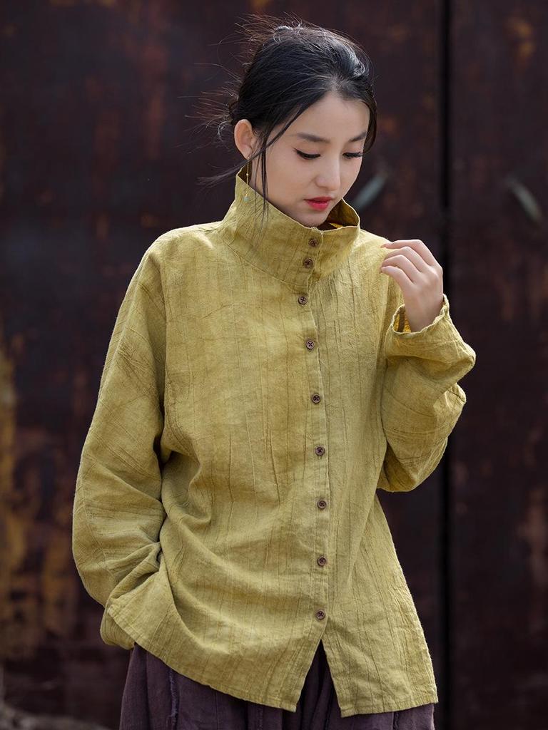 Women's Winter Tie-Dye Ramie Cotton Cardigan - Loose, Semi-High Collar Shirt in National Style.