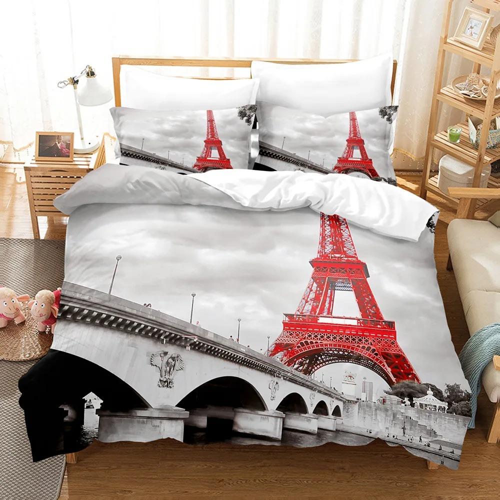 Eiffel Tower Duvet Cover Set Europe City Building Theme Flower Bedding Set Polyester King Queen Size Quilt Cover For Teens Kids