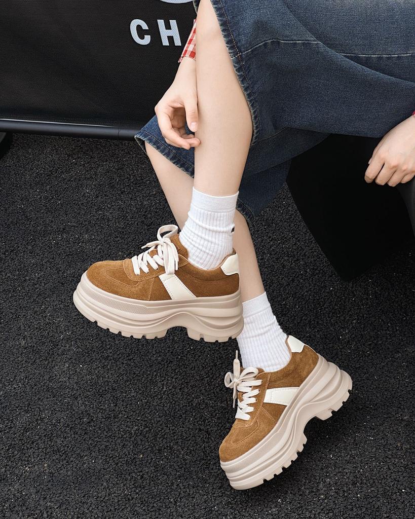 2025 New Autumn Leather Platform Small Height Increase Casual Shoes Dad Shoes Women's Lace-up Forrest Gump Shoes Sports Shoes