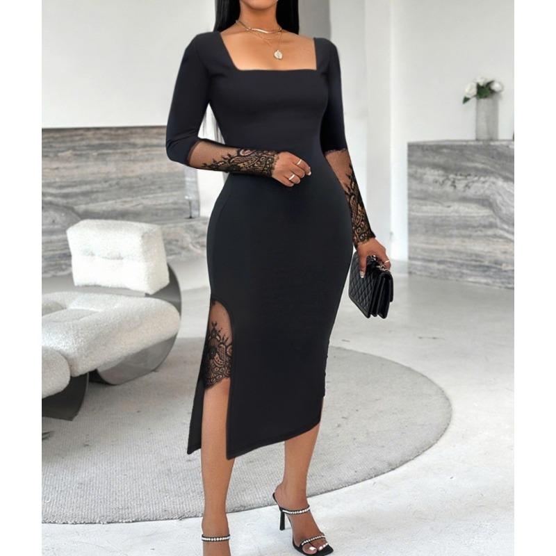 Wish autumn solid color hip-wrapped lace splicing split-ended dress women's clothing