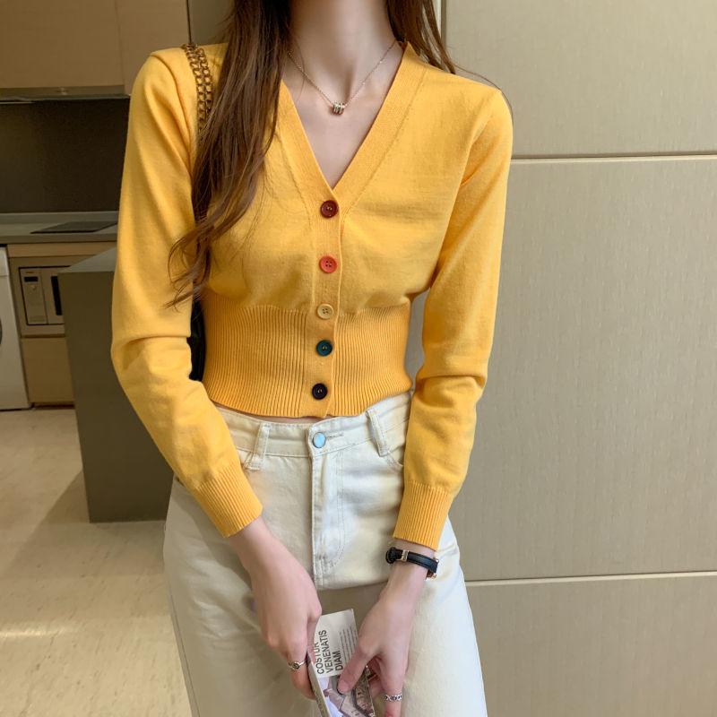Women's Long Sleeve Slim Knit Cardigan with Colorful Buttons