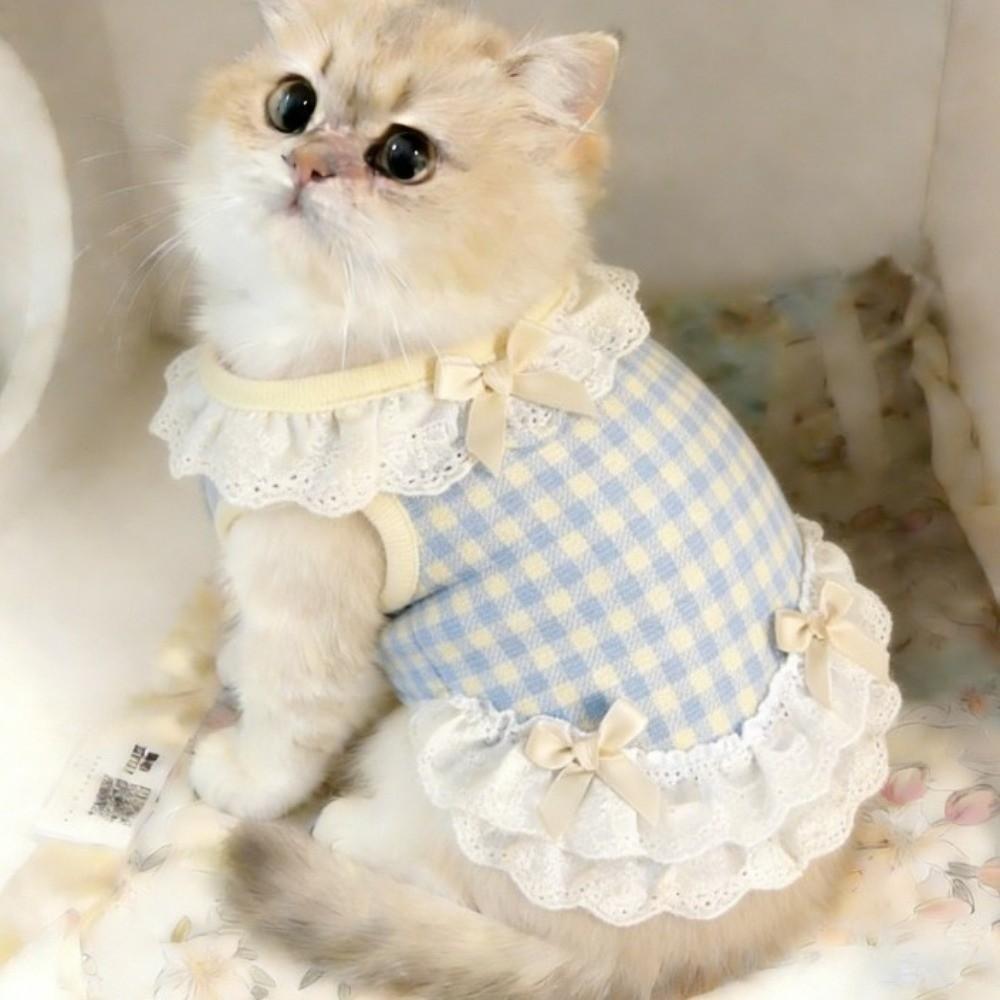 Breathable Pet Dog Vest Bow Lace Design Cat Checkered Clothes Pet Lace Skirt  Daily Wear