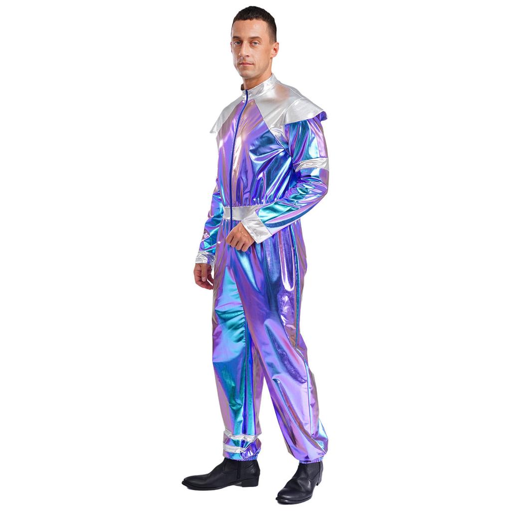 Mens Alien Robot Costume Retro Space Theme Long Sleeve Jumpsuit Shiny Metallic Halloween Party Outfit