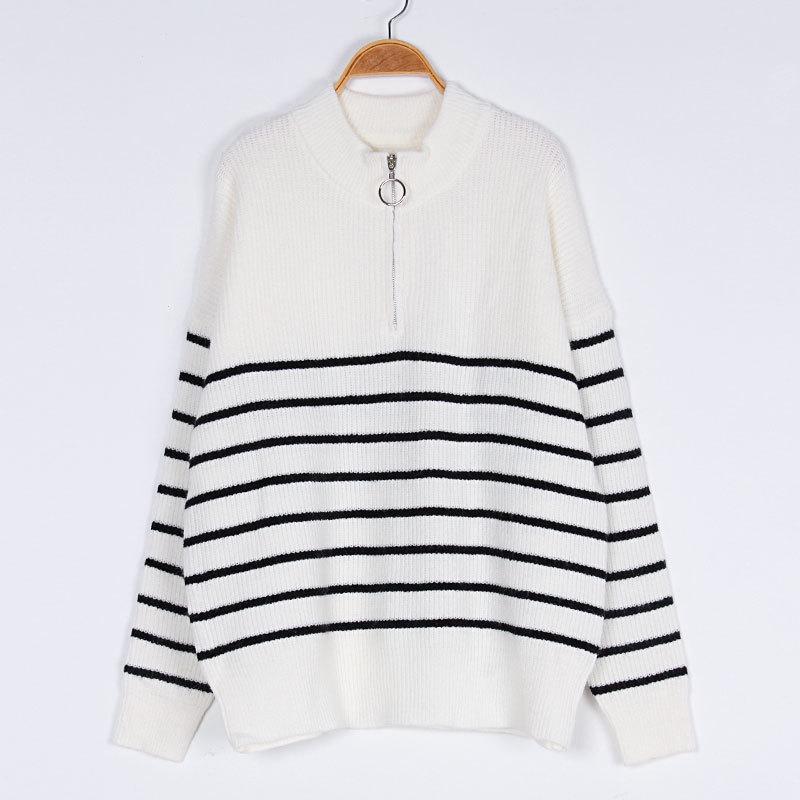Striped Sweater Women Knitted Pullovers Autumn Winter Fashion Zipper Jumpers Long Sleeve Half High Collar Loose Pullover