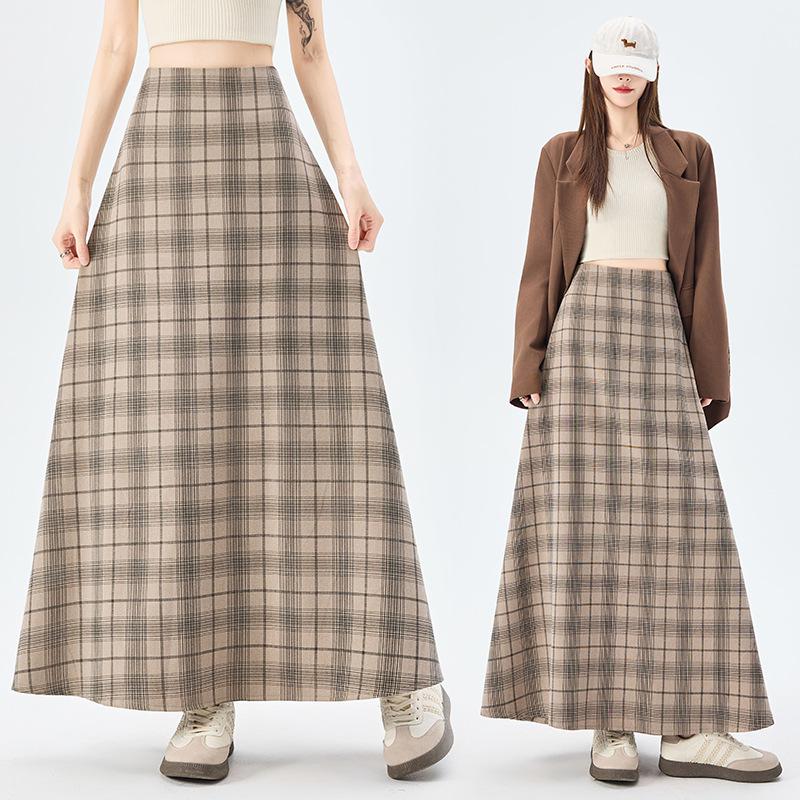 Women s 2026 Spring Retro Plaid High-Waist A-Line Skirt with Elastic Waist and Wide Hem Medium