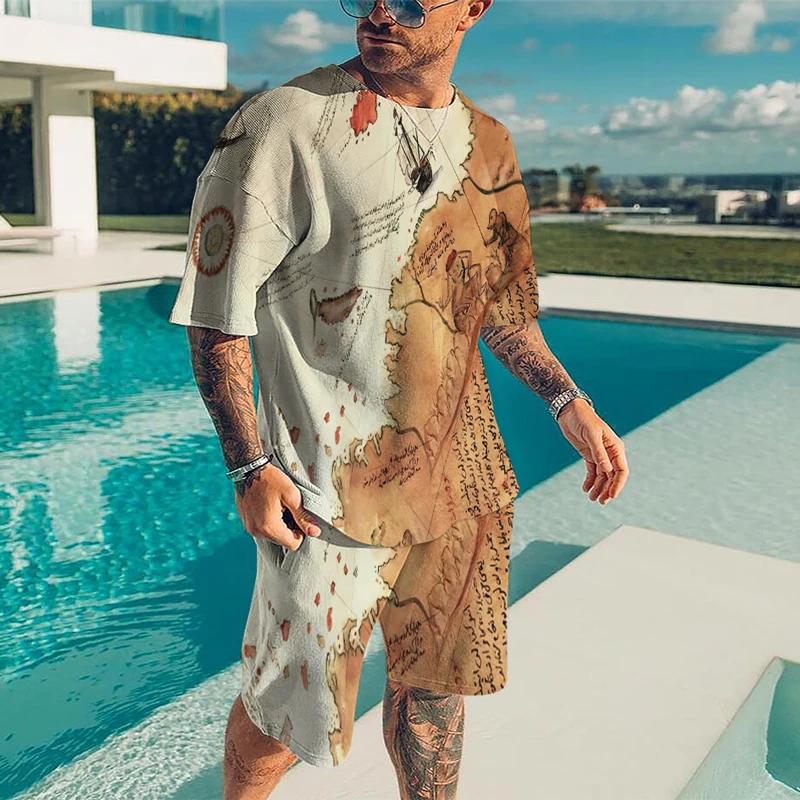 Summer Men 3D Printed Compass Casual Luxury T-Shirt Shorts Set Tracksuit Male 2 Pieces Fashion Outfit Man Clothing Jogging Suit