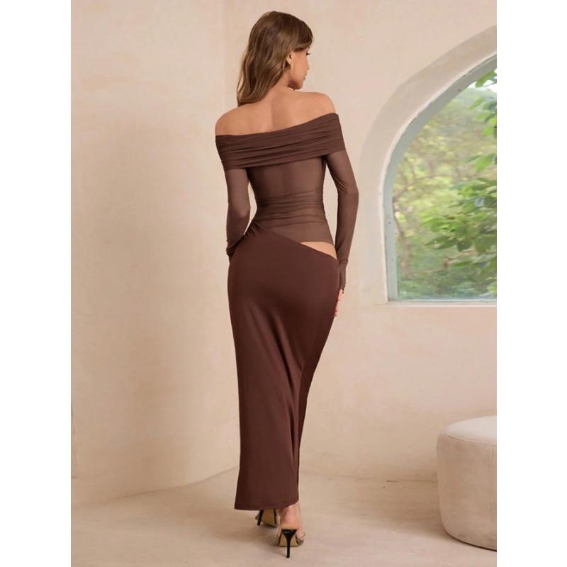 Elegant Off-shoulder Long-sleeved Mesh Long Skirt for Women Autumn and Winter One-shoulder Slim High-waisted Dress