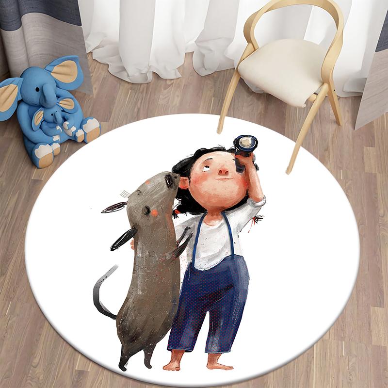 Floor Mat Animal Little Girl Cute Round Rug Mat Living Room Rug Children's Room Decoration Door Mat Pet Mat