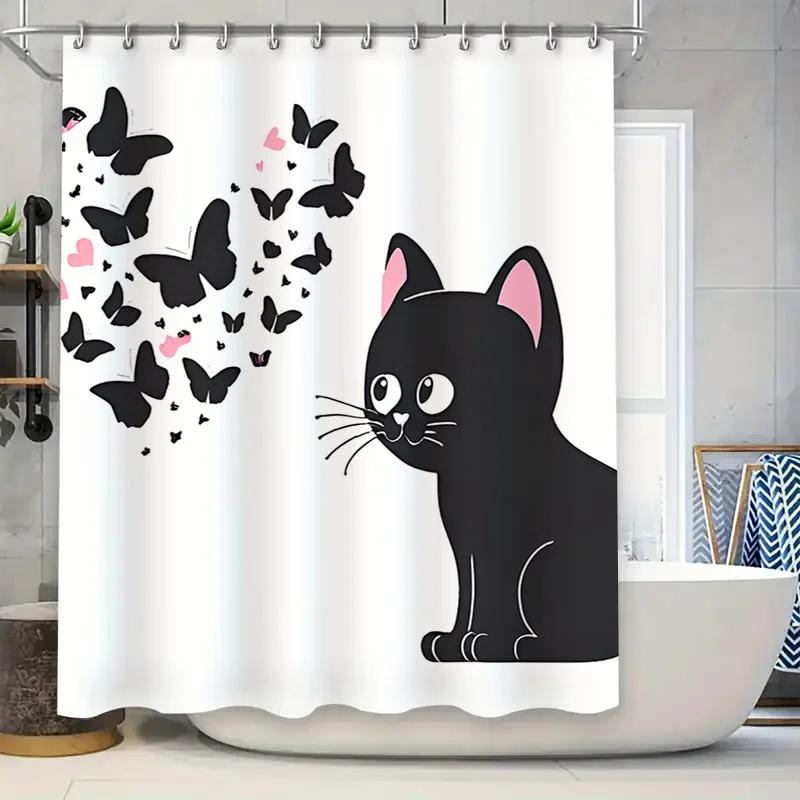 

Black Cat Butterfly Shower Curtain Cute Decorative Fabric Waterproof Bath Mat Cover for Bathroom Decoration Home Accessories W90xH180cm