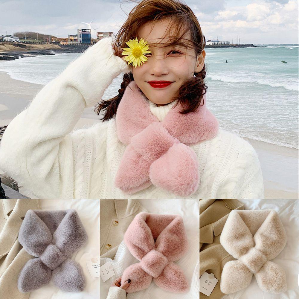 Women Shawl Faux Rabbit Fur Plush Solid Color Neck Warmer Cross Scarf Neckerchief Wrap