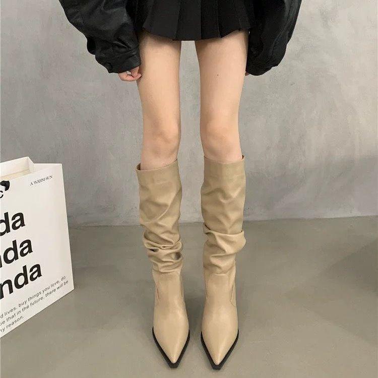 

Pleated thin heel essential boots pointed pile Spice girl boots heightening knight boots show long legs 40 хакі