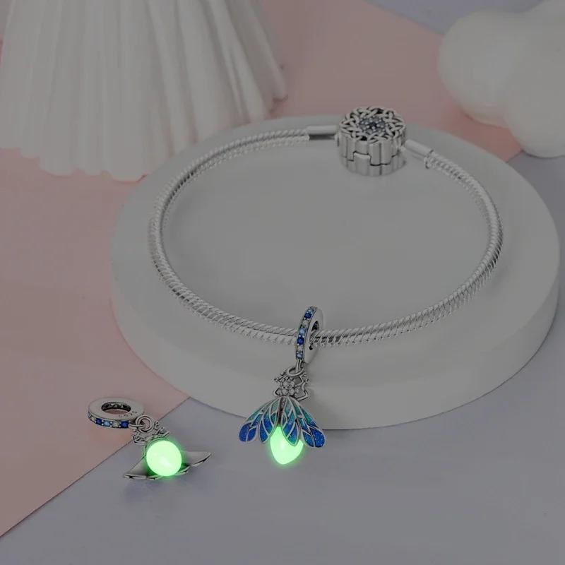 Blue Luminous Firefly Pendant Copper Original Beads Fit Original Charms Bracelet Beads Jewelry Gifts For Women