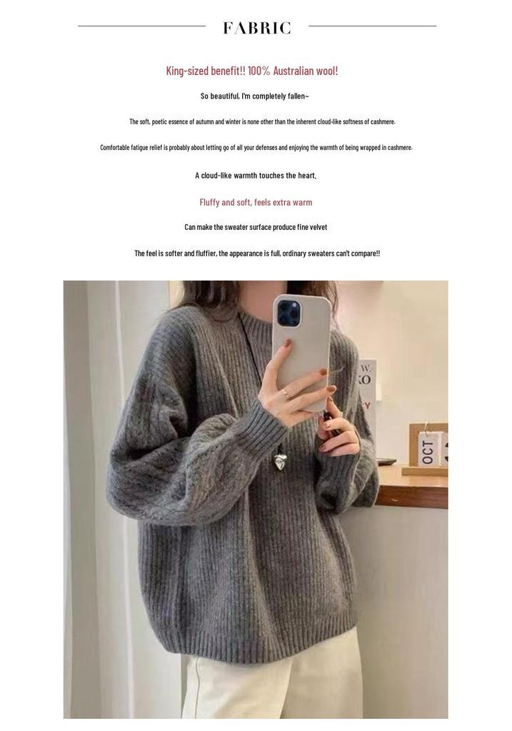 Women's Heavyweight Wool Round Neck Sweater, Autumn/Winter Korean Style, Twisted Cable Knit, Long Sleeve, Warm Cashmere Base Layer