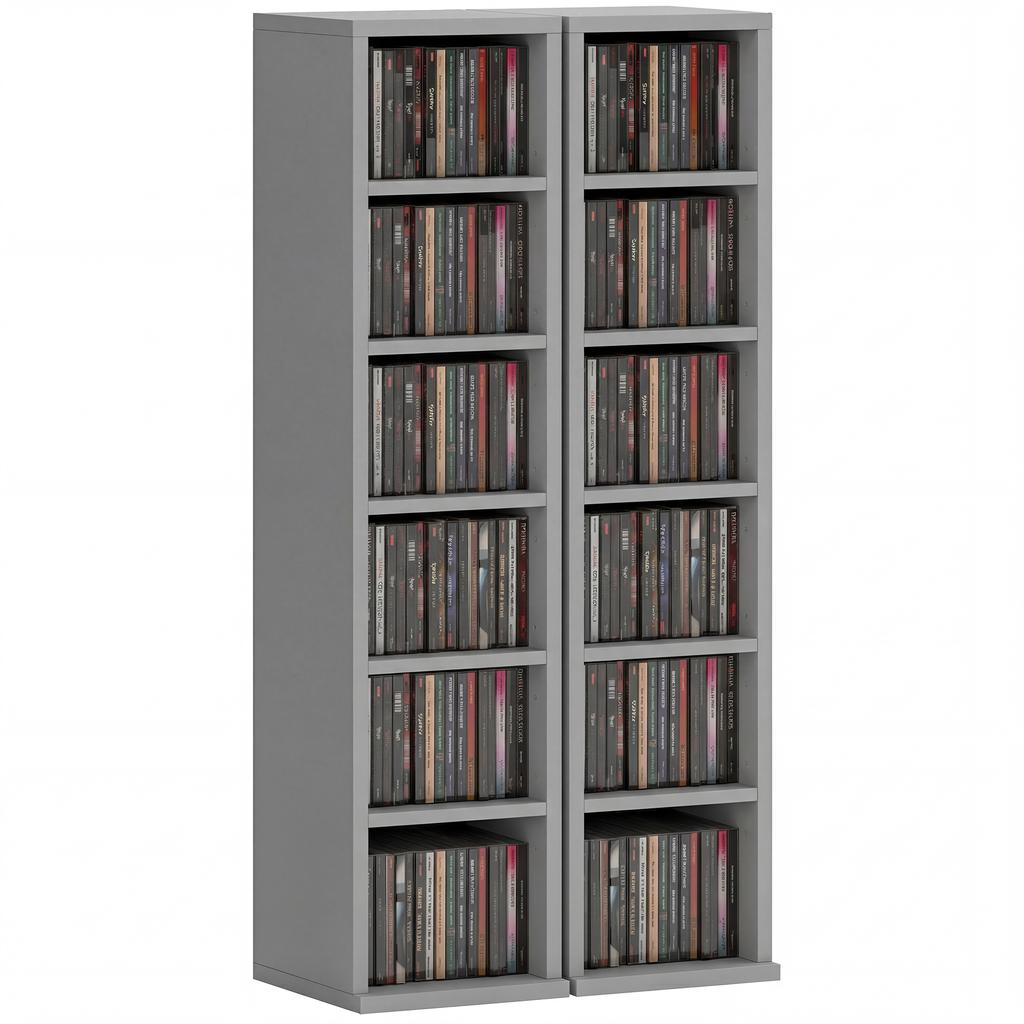 Set of 2 CD Media Display Shelf Unit Tower Rack with Adjustable Shelves, Light Grey