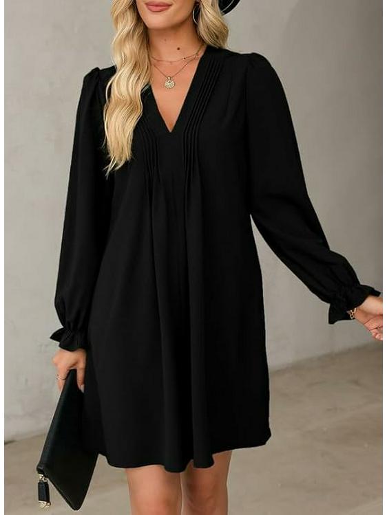 

2026 Fashionable V-neck A-line Midi Dress with Ruffled Sleeves and Flowy Pleated Skirt XXL чорний