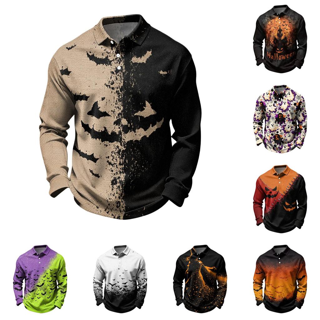 Men's Quick Dry Mesh Long Sleeve Golf Shirt with Halloween Print for Casual Wear