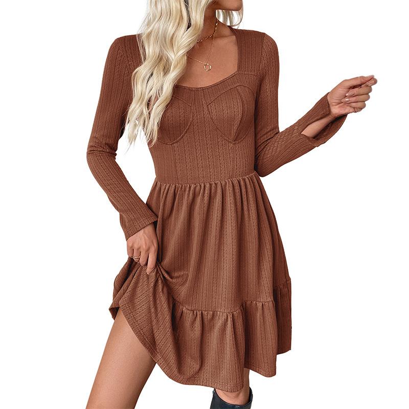 Fall Dresses for Women Casual Square Neck Long Sleeves Dresses High Waist Knitted Solid Color A-Line Flowy Dress
