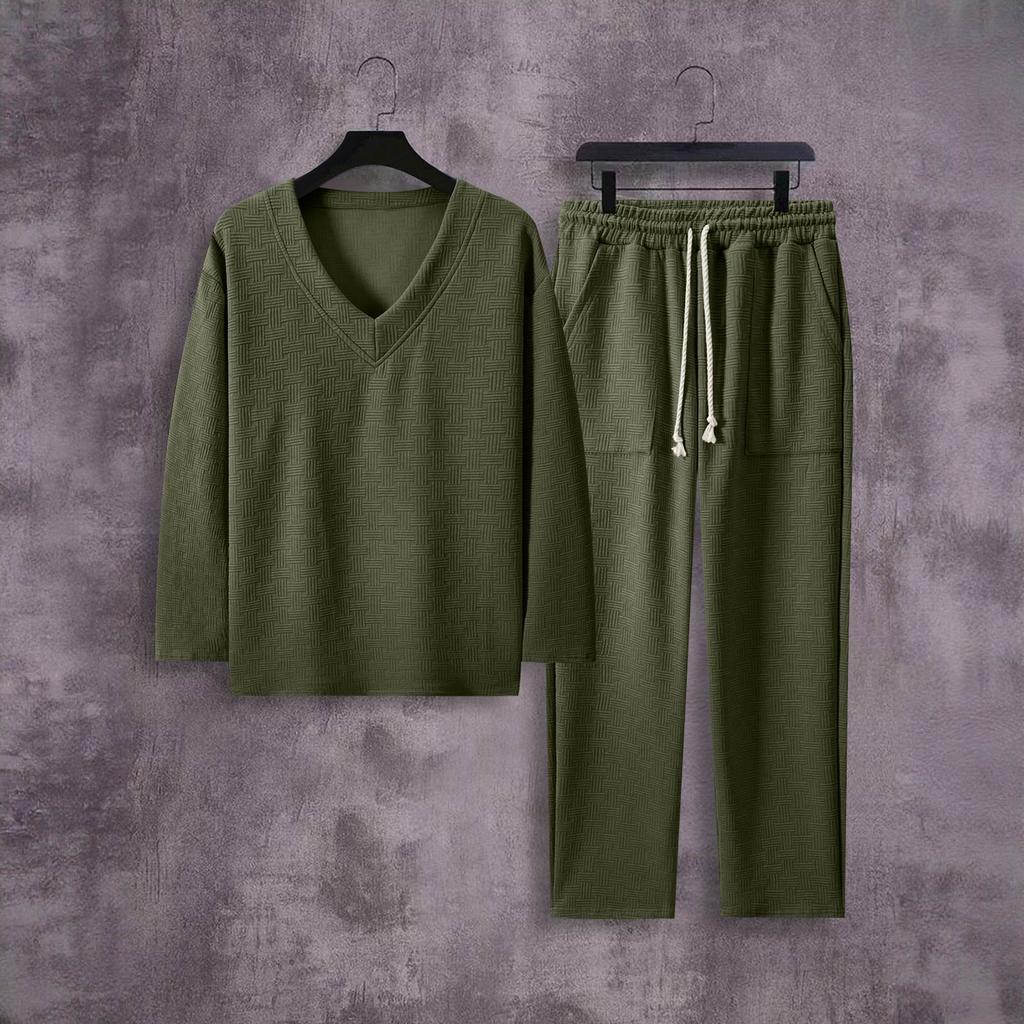 Men'S Stand Up Collar Button Casual Long Sleeved Shirt Long Pants Sports Suit