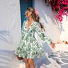 Europe and the United States summer on the new V-neck printing long-sleeved holiday style dress French slim elegant women's clothing