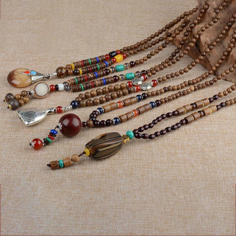 Vintage Etniska Kläder Accessoarer Tröjkjede Lindbladshänge Lång Trätröjkjede