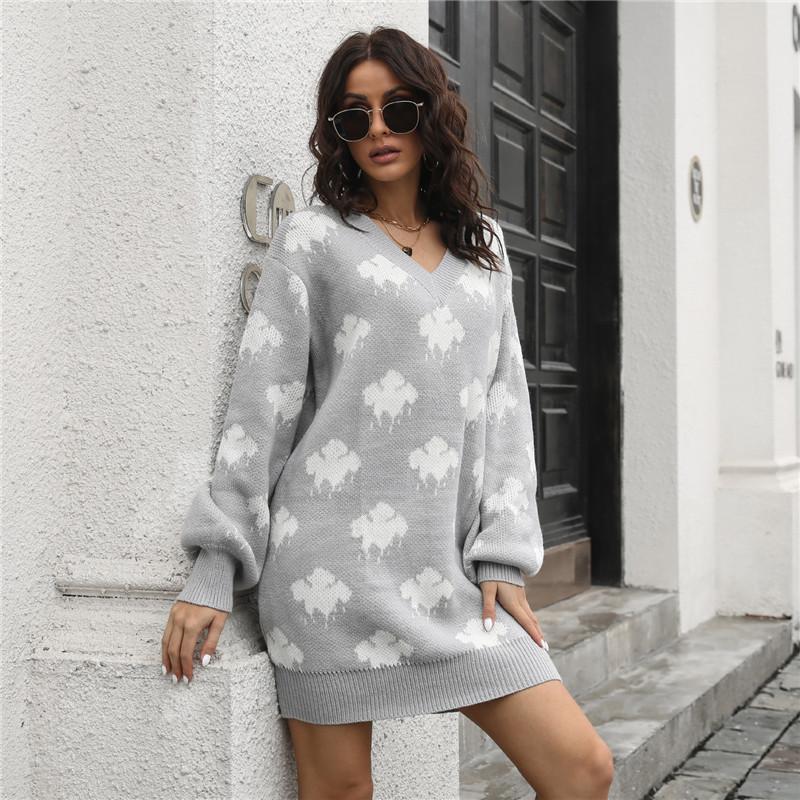 Wiosna jesień chmury wzór powyżej kolana Mini sweter z dzianiny sukienka kobiety dorywczo proste O-Neck pełna rękaw luźna talia S-L