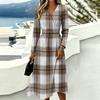 Women's Plaid Print Casual Long Sleeve V-Neck Dress with Pockets for Everyday Wear