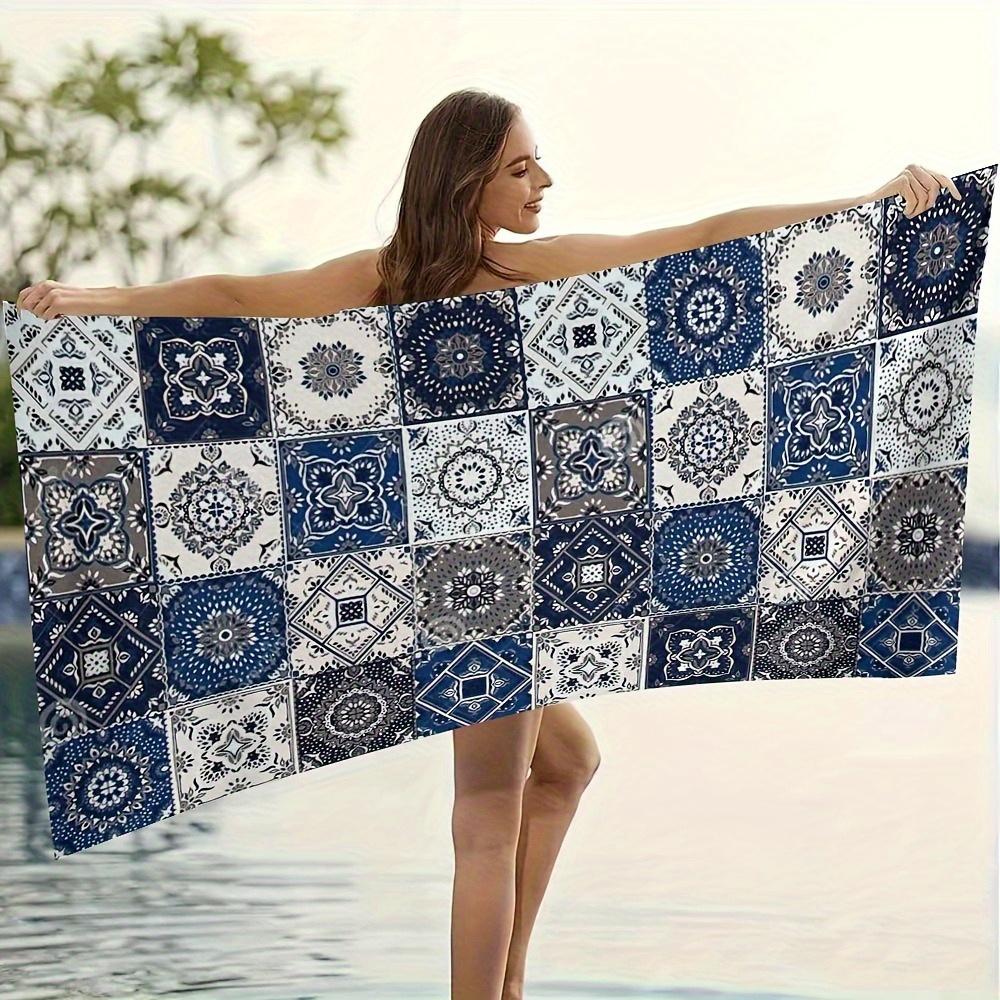 1pc Extra Large Turkish Moroccan Pattern Beach Towel - High-Quality Microfiber, Durable & Quick-Dry,Vibrant Blue White Geometric
