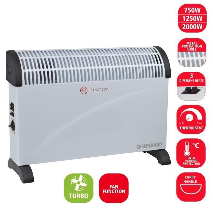 Convecteur - Blanc - 2 KW - Fonction Turbo - 3 Puissances - Thermostat Intégré