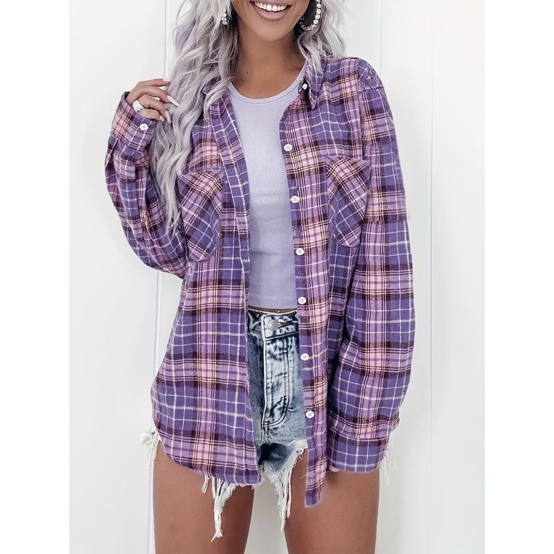 

Loose Plaid Shirt Fashion Wind New Arrival Fashion Loose Casual Print Gingham Long Sleeve Shirt Top Lavender purple L