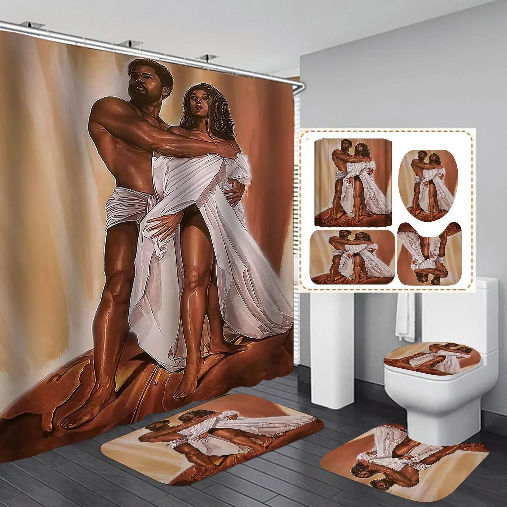 

African American Shower Curtain Set Romantic Couple Black Queen Luxury Goldcrown Mandala Flower Bathroom Decor Non-Slip Bath Mat W60H190(CM)-1 Pcs