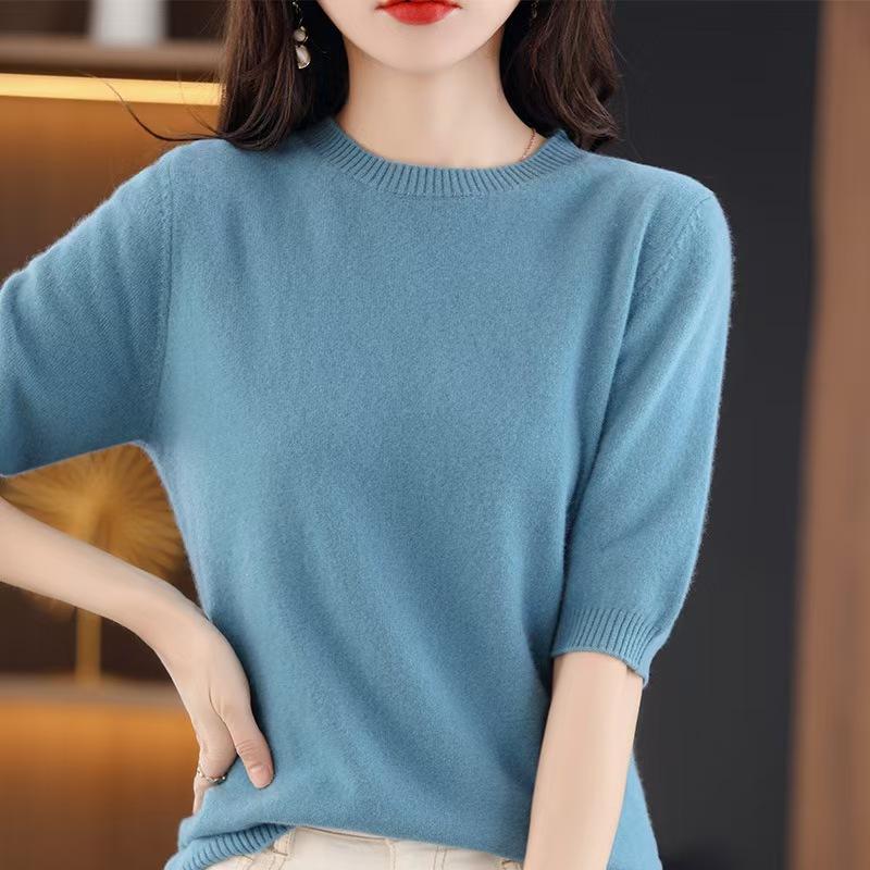 Loose Women's Round Neck Short Sleeve Knitted Sweater T-Shirt Base Layer Spring Autumn Short Top