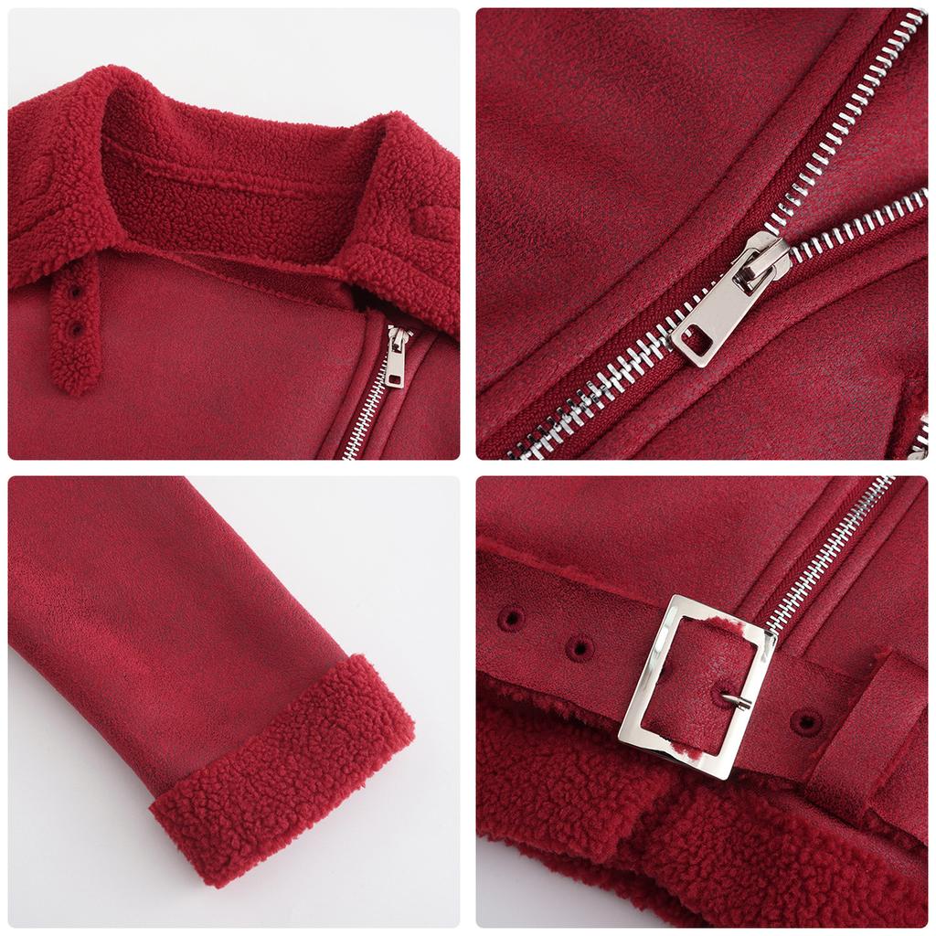 Fall Winter Women Lapel Collar Long Sleeve Slim Fit Zipper Pu Leather Jacket