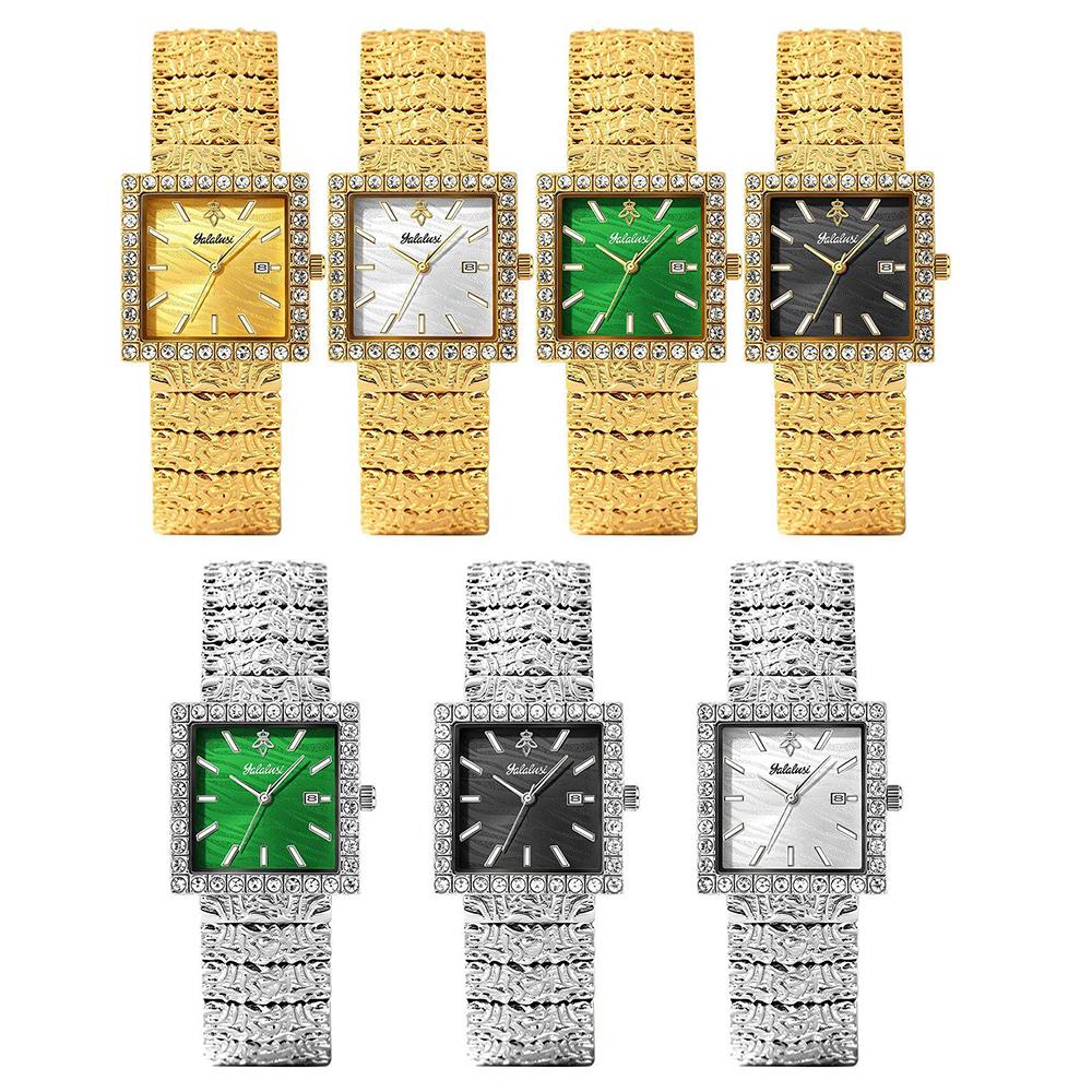 Luxury Square Quartz Watch Crystal Bezel Textured Dial Vintage Carved Metal Bracelet Waterproof Daily Dress Watch for Men Women Couple Matching Watch