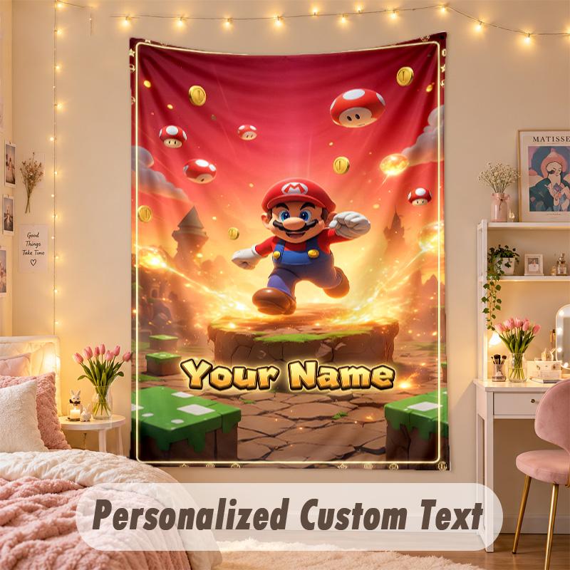 Custom Personalized Tapestry,Super Mario Print Custom Name Text Wall Art Hanging for Bedroom