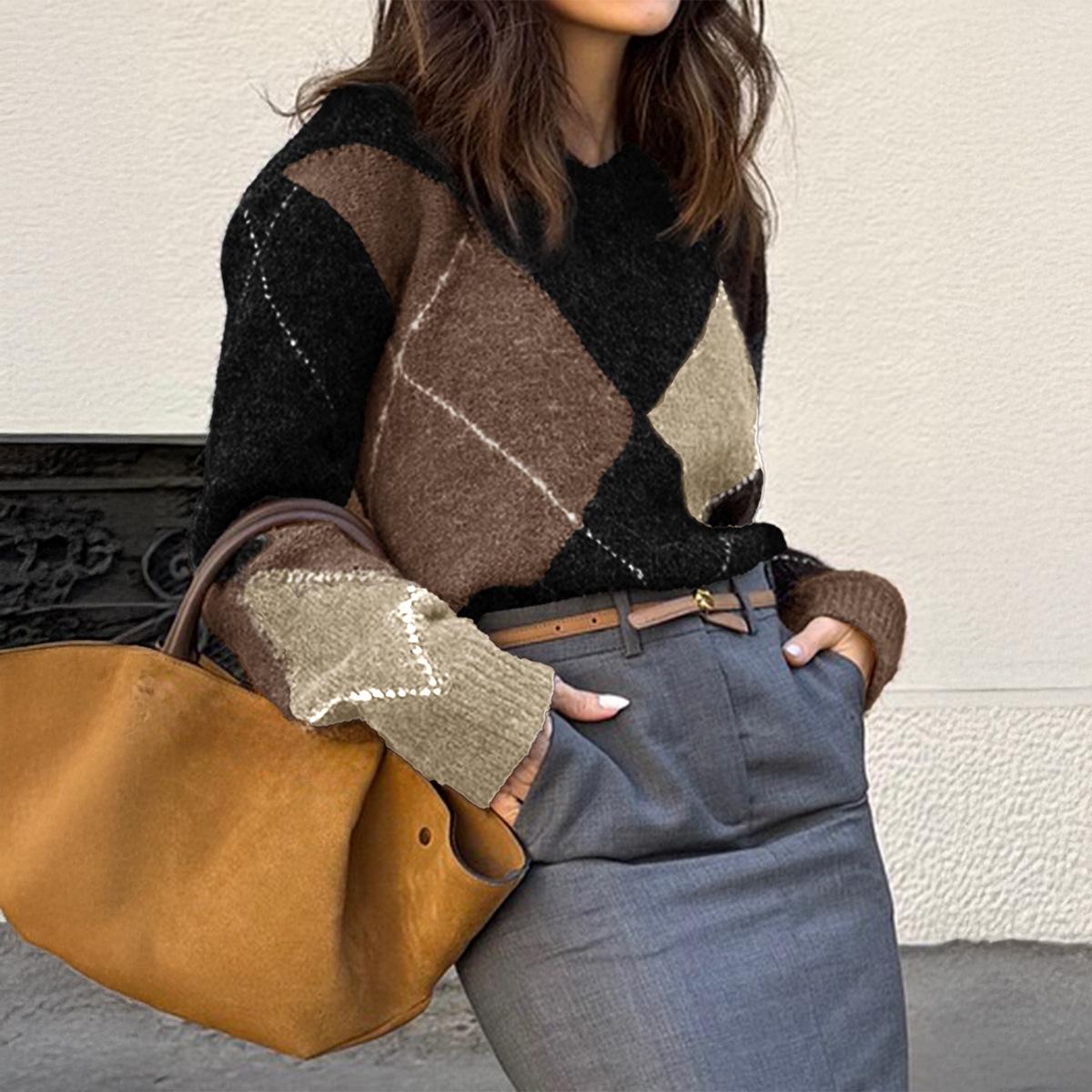 

Casual Vacation Fashion Color Block Long-sleeved Woolen Sweater for Women 2025 Autumn and Winter S чорний