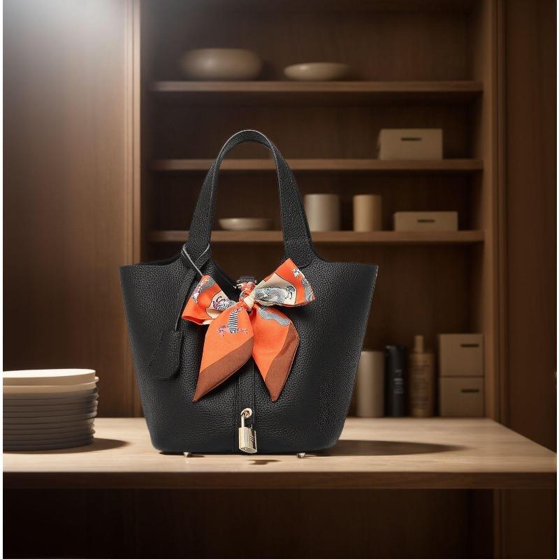 New Bag, Water Bucket, Vegetable Basket, Women's Bag, Leather Top Layer, Hand-held Mommy Bag, Bride's Wedding Bag, High-end Silk Scarf
