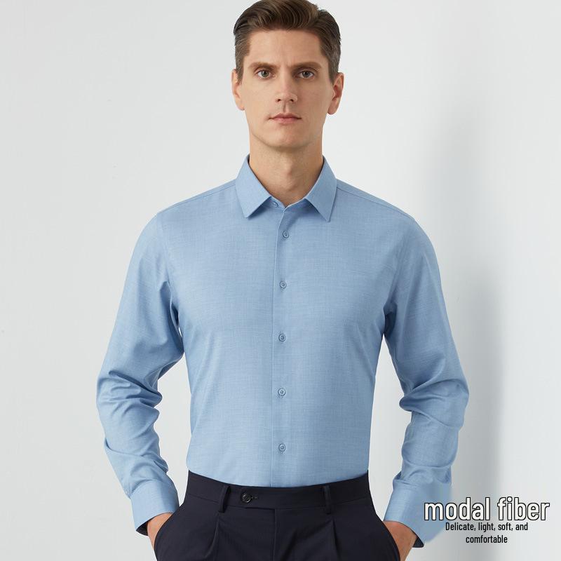 Men's Modal Stretch Long Sleeve Shirt - Non-Iron White, Spring & Autumn Style, Customizable LOGO, Professional Wear.